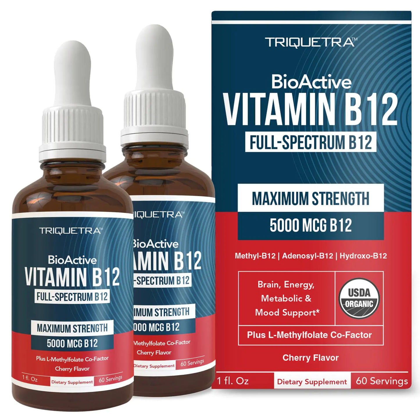Organic Vitamin B12 - 5000 mcg 3 BioActive B12 Forms: Methyl B12 Adenosyl B12 & Hydroxy B12 - Plus L-Methylfolate Cofactor | Sublingual Form Cherry Flavor Vegan Non-GMO (120 Servings - 2 Pack)