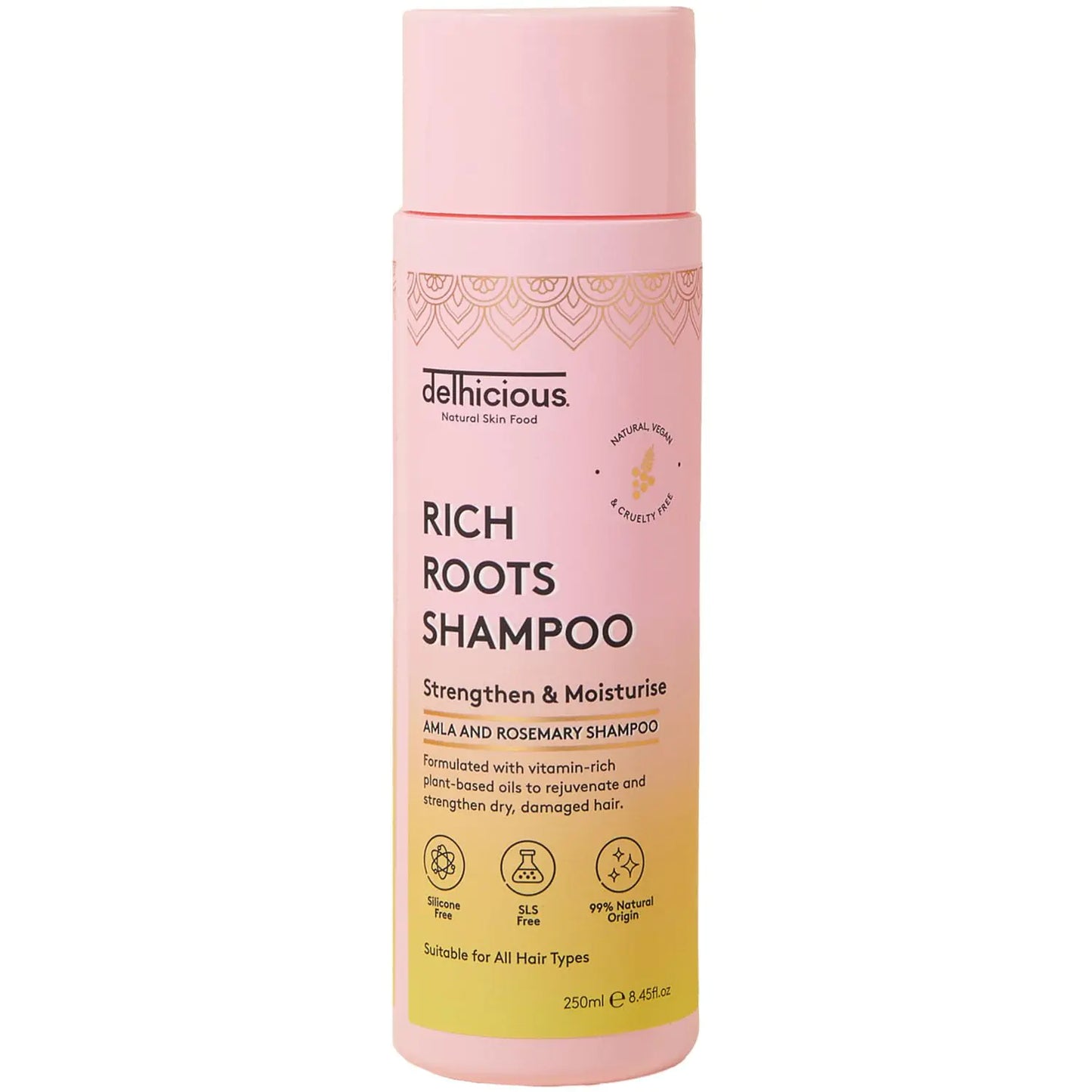 Delhicious Amla Oil & Rosemary Oil Shampoo for Hair Growth - Rich Roots Vegan Shampoo for Thinning Hair Damaged Hair - Dry Scalp Treatment with Argan Oil - Natural Ayurveda SLS Free - 250ml