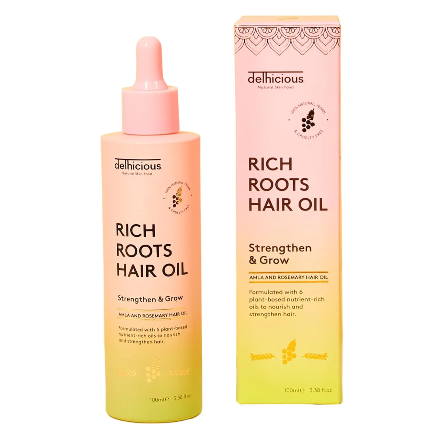 Delhicious Amla Hair Oil & Rosemary Oil for Hair Growth - Rich Roots Hair Loss Treatment for Thinning Hair - Dry Scalp Treatment with Argan Oil - Ayurveda Scalp Oil - Vegan Sulfate Free - 100ml