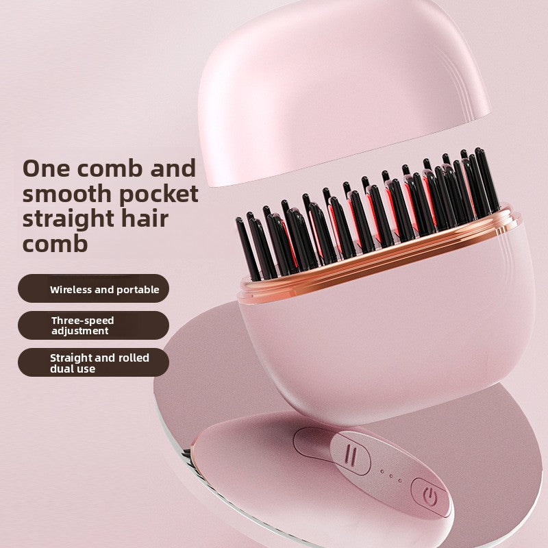 Pink hair straightening comb with charging case on a light pink background