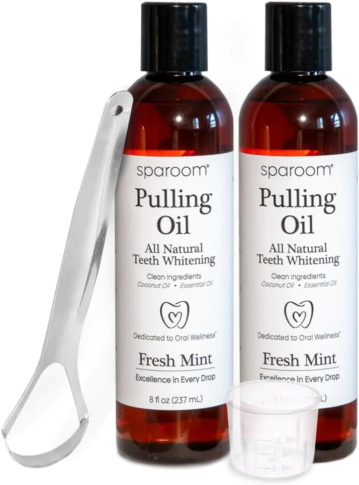 SpaRoom Ayurveda Pulling Oil Mouthwash and Tongue Scraper; Made with Coconut Oil and 7 Essential Oils for Fresh Breath Teeth Whitening and Gum Health Fresh Mint Scent 8 Fl. Oz 2 Pack
