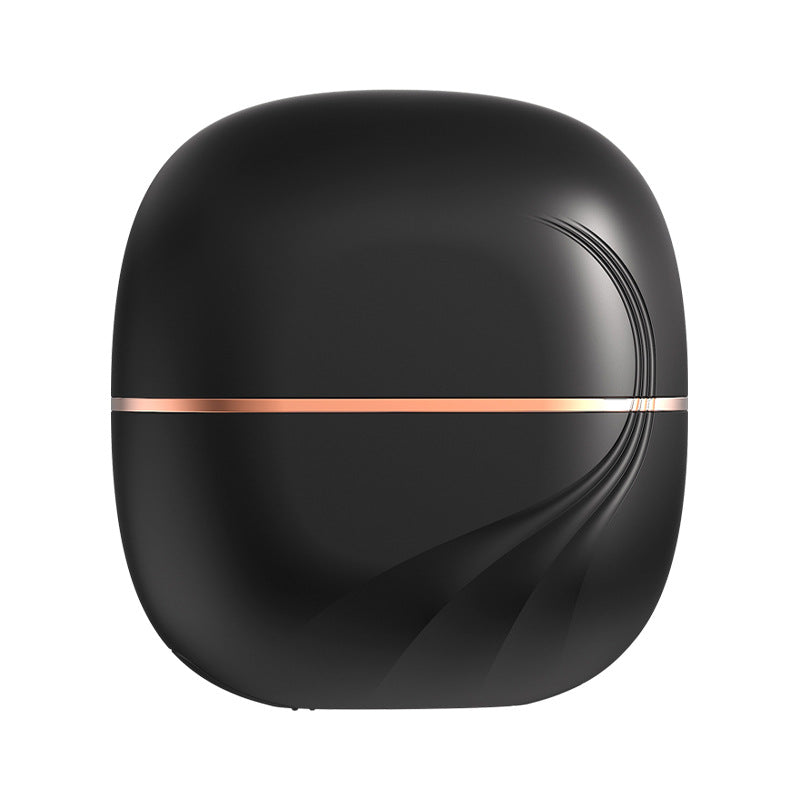 Black electronic device with a rose gold accent on a white background