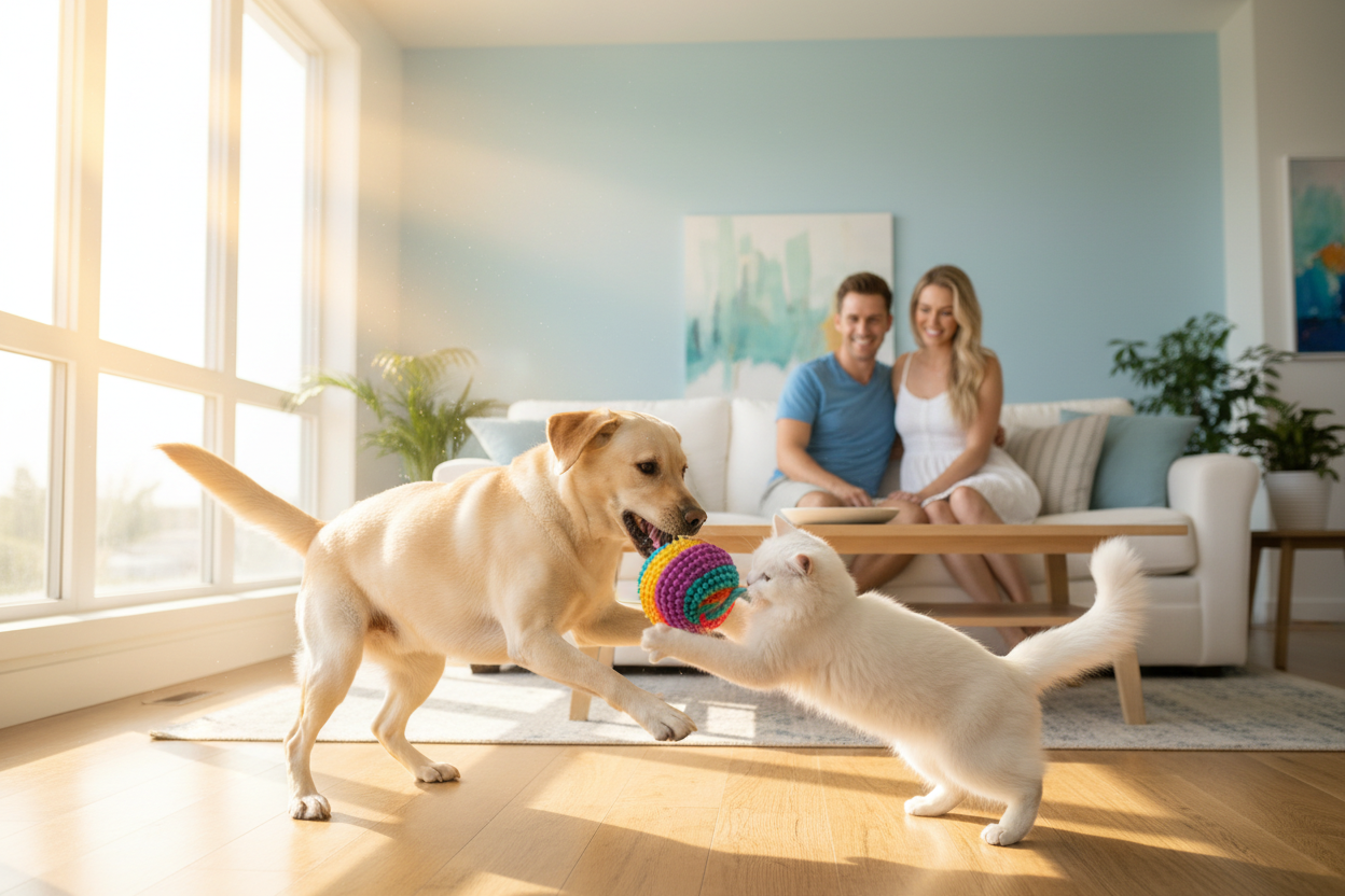 create a very playful yellow lab playing with a very playful white cat with a colorful ball. in the background a couple watches the play very happily in a sofa which is white color. there is light coming from the window in the room from left. the image should be showing a bright room on a very bright day. should be a wide image which is very clear in widescreen and very clear when seen on a mobile screen